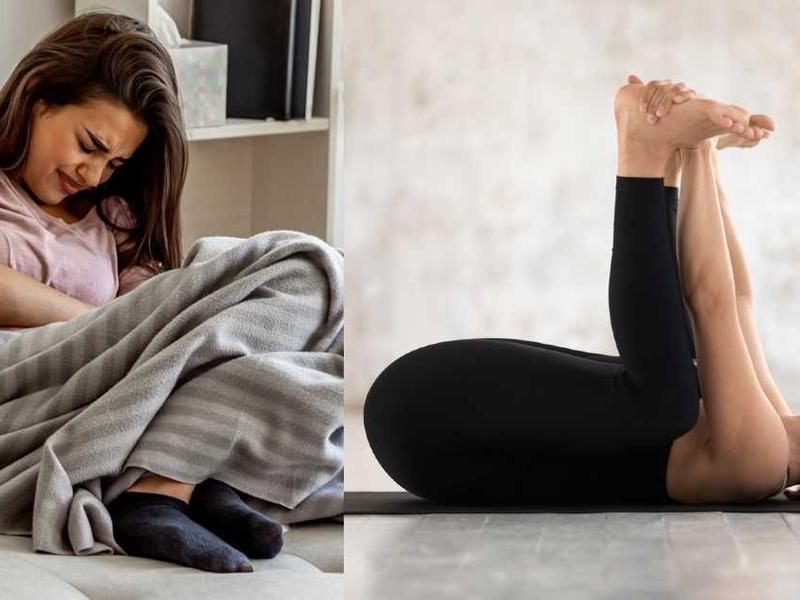 Mujer con dolor por endometriosis / mujer haciendo yoga