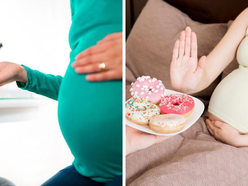 Mujer embarazada evita comer azúcares y se hace revisión de glucosa.