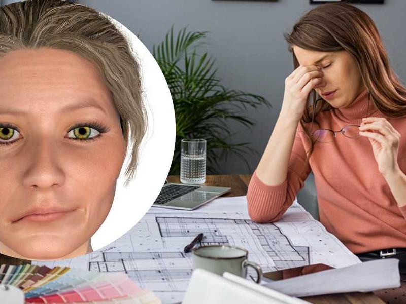 Ilustración parálisis facial / Mujer con estrés en trabajo