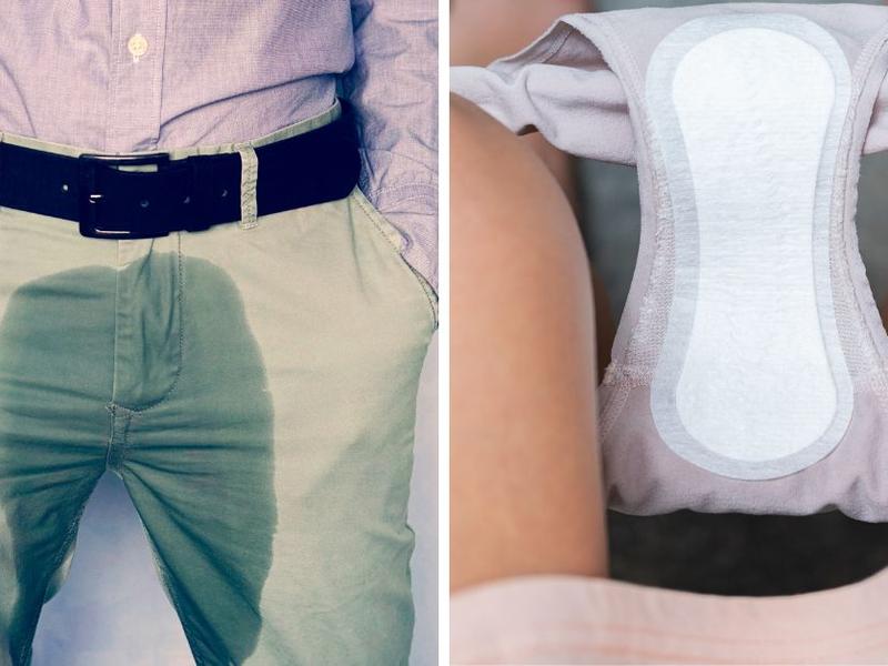 Problema de incontinencia urinaria en hombre. / Toalla sanitaria sobre ropa interior.