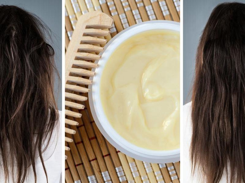 Mujer con cabello reseco antes y después. Mascarilla de plátano.