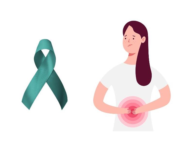 Ilustración de mujer con dolor en el vientre y a su lado un listón verde conmemorativo del cáncer de ovario. Foto: iStock
