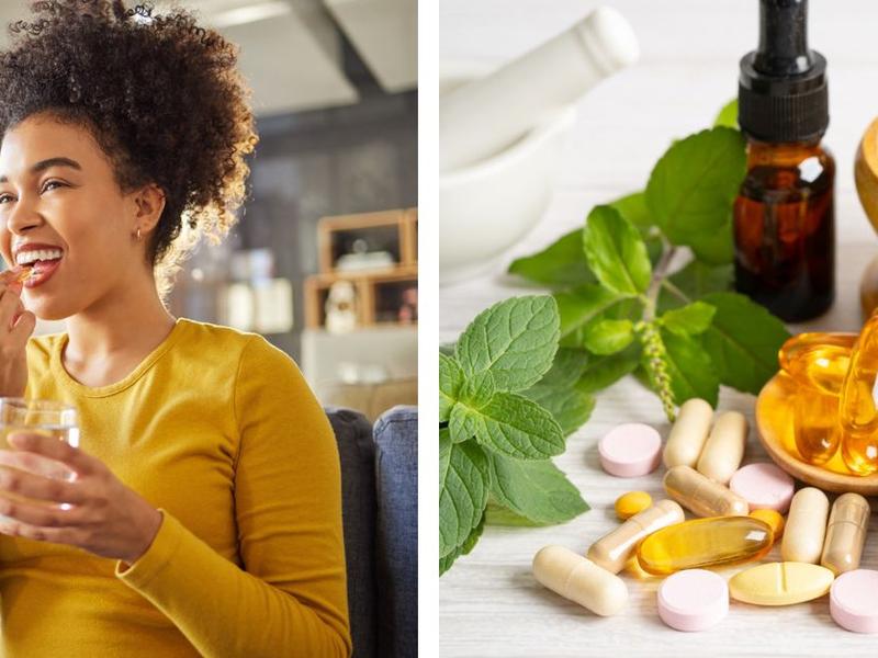 Mujer tomando vitaminas- Vitaminas en cápsula, gotas y mortero 
