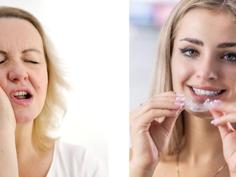 Mujer con dolor de mandíbula-Mujer con retenedores dentales