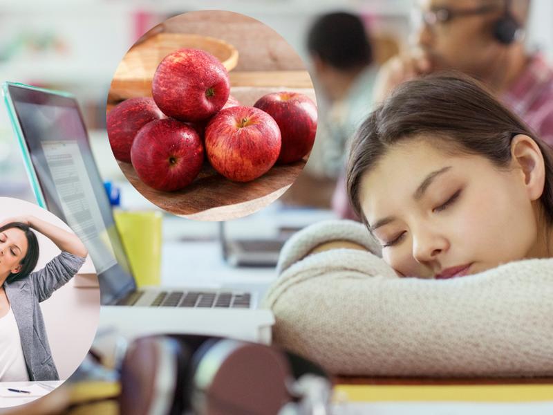 Mujer haciendo estiramientos, bowl de manzanas y mujer dormida en la oficina porque no sabe cómo espantar el sueño en el trabajo