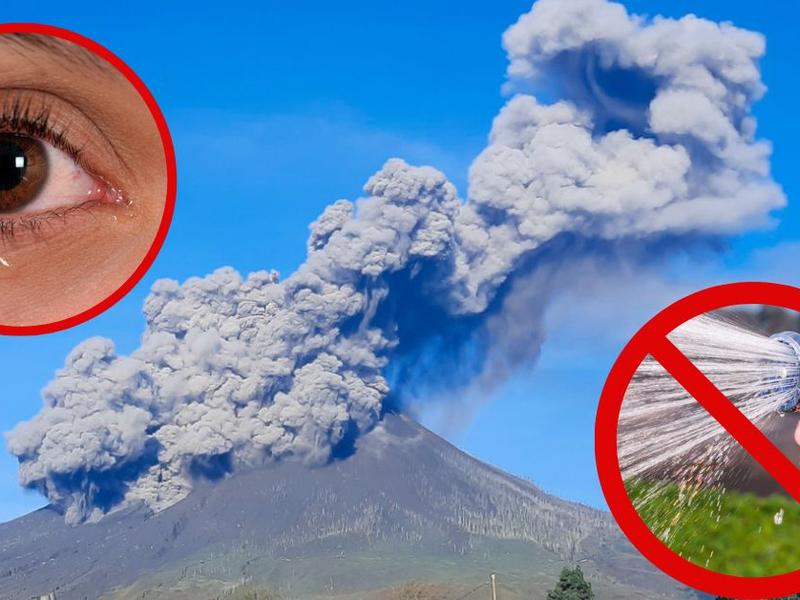 Ojo lloroso junto a volcán en erupción y foto de manguera con agua tachada para explicar 6 tips para protegerse de ceniza volcánica