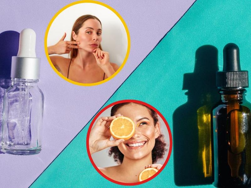 Botellas de suero junto a foto de mujer mostrando elasticidad para hablar sobre las diferencias entre retinol y vitamina C: ¿Cuál le conviene a tu piel?