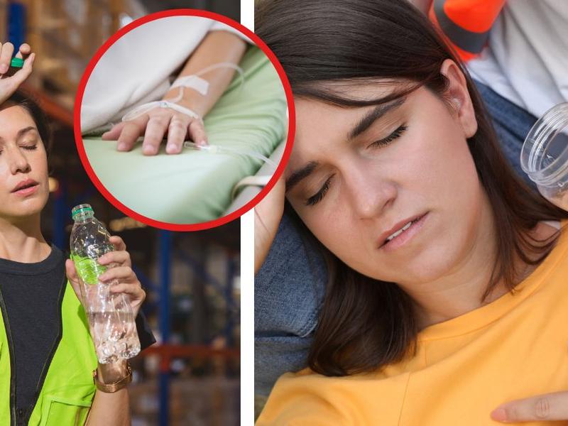 Mujer con botella, mujer en el hospital, mujer desmayada muestra qué es el agotamiento por calor