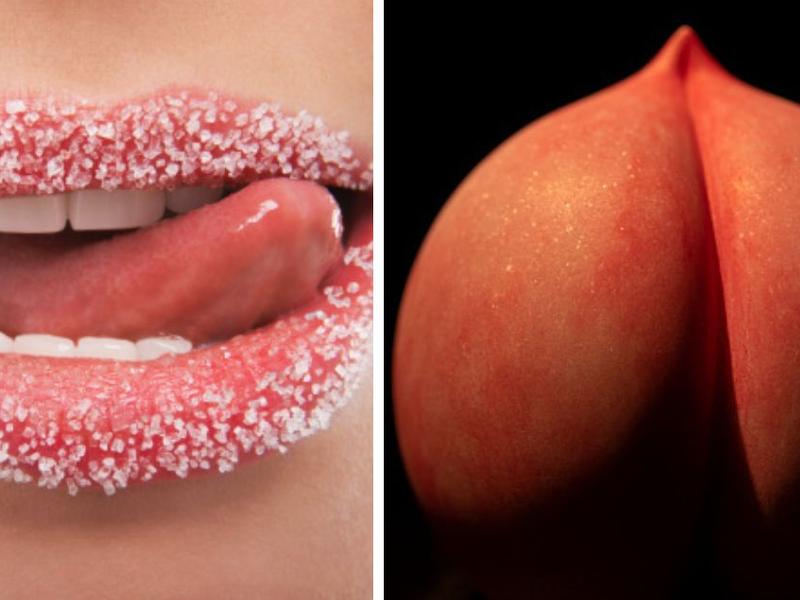 Labios azucarados con la lengua de fuera, durazno para explicar qué es el beso negro