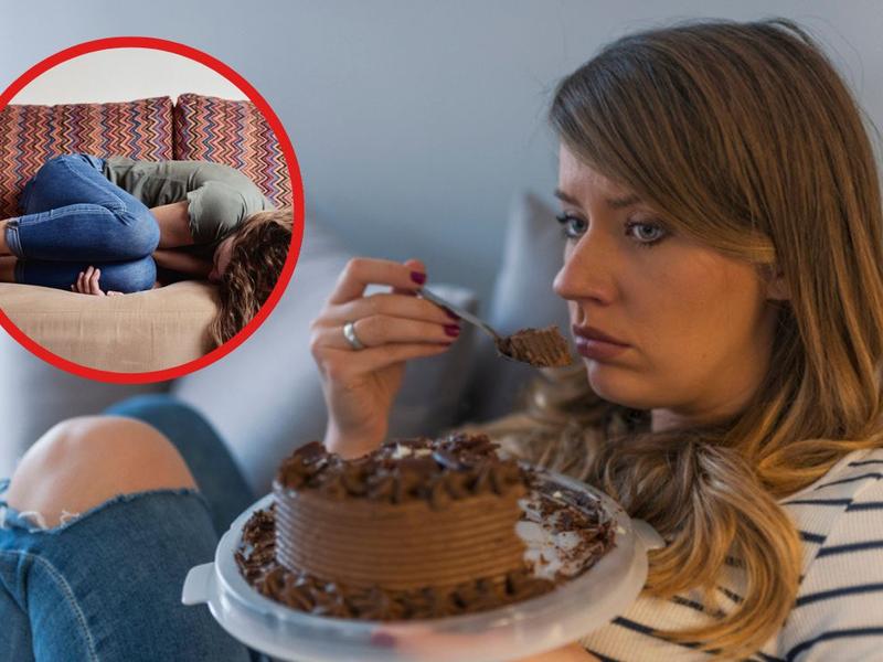 Mujer acostada deprimida, mujer comiendo pastel de chocolate se pregunta qué es la anhedonia