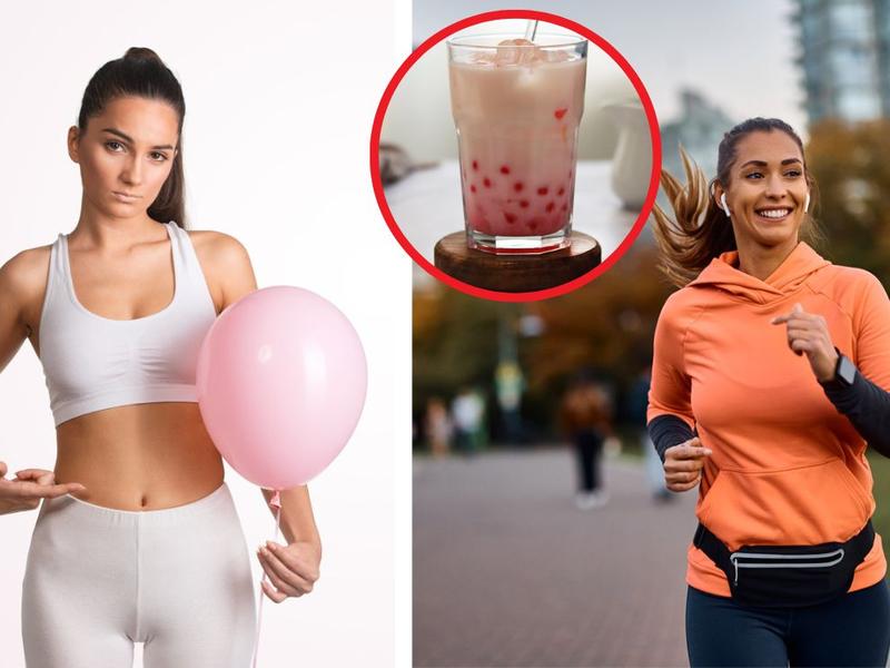 Mujer con inflamación sosteniendo globo, bebida con tapioca, mujer corriendo disfrutando los 7 beneficios de consumir tapioca
