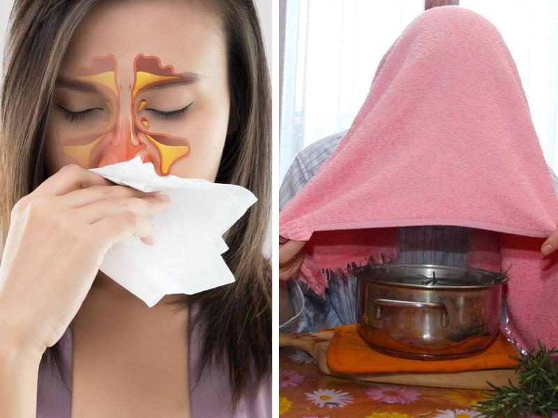 Mujer con congestión nasal inhala vapor de eucalipto