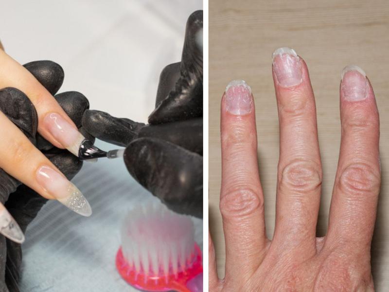 Persona aplicando uñas acrílicas, uñas resecas por no saber ¿Cuáles son los peligros de usar uñas acrílicas? 7 riesgos que debes considerar antes de ponértelas