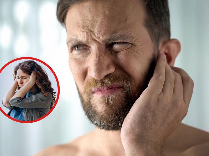 Hombre tocando su oreja, mujer agarrando sus orejas para explicar por qué se tapan y destapan los oídos