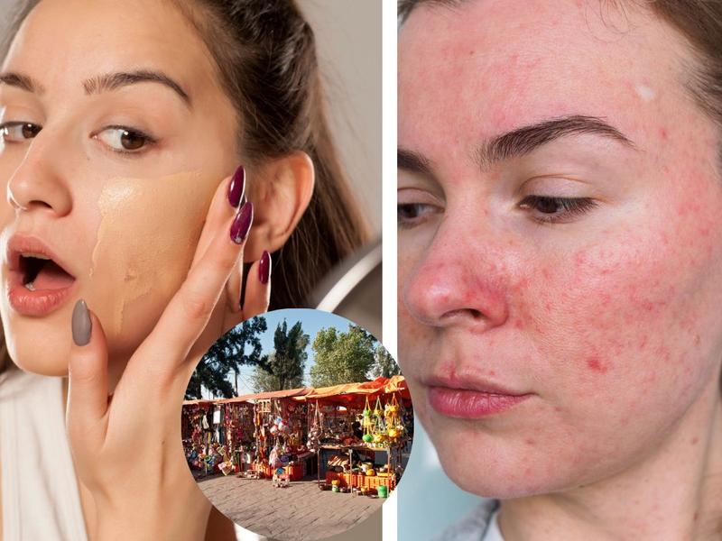 Mujer poniéndose maquillaje del tianguis sin saber los riesgos, foto de tianguis, mujer con irritación en la piel