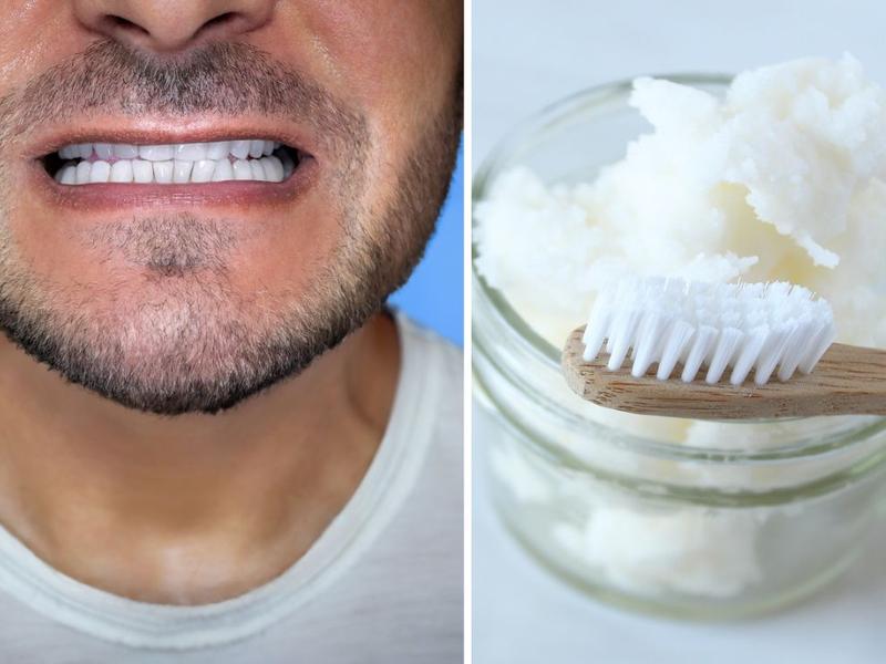 Hombre sonriendo con dientes blancos, cepillo con aceite de coco para explicar qué pasa si cepillas tus dientes con aceite de coco
