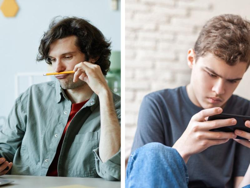 Hombre con lápiz en la boca mirando el celular, adolescente enfocándose en celular para explicar las diferencias entre autismo y déficit de atención 