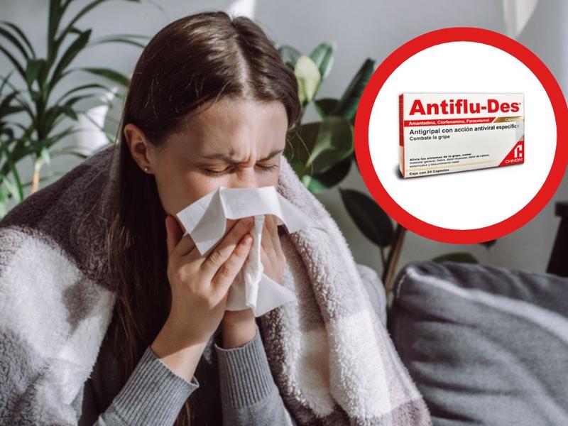 Mujer con gripe, caja de Antiflu-Des para explicar qué es