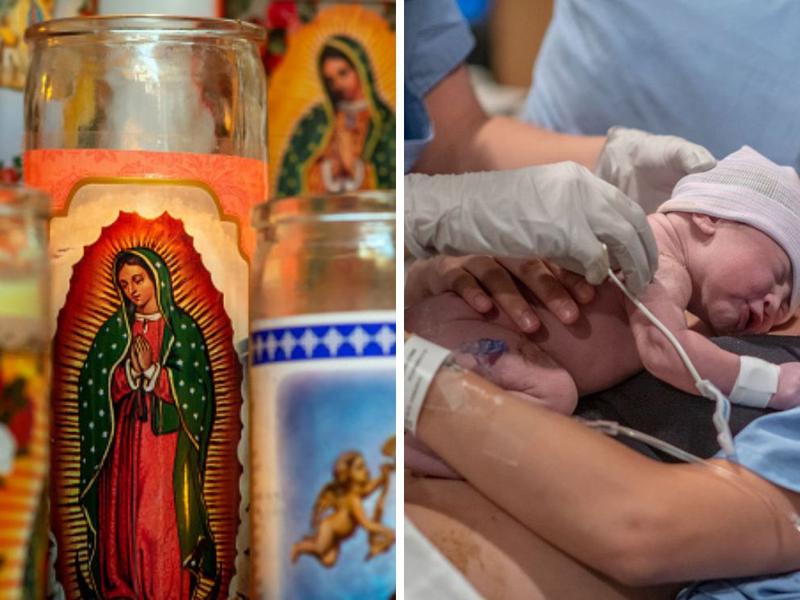 De un lado una vela con la imagen de la Virgen y de l otro un bebé recien nacido. 