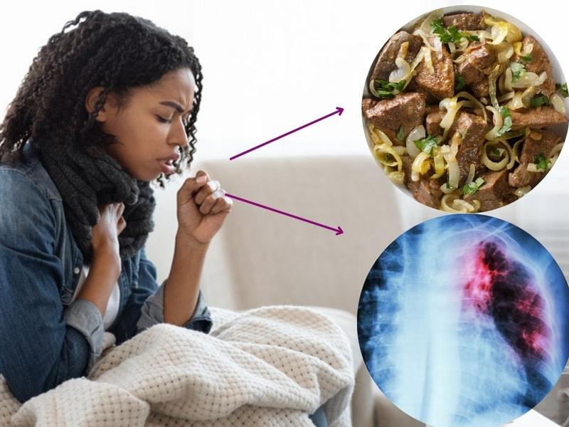 Mujer con tos por causa de neumonía del otro lado alimentos que puede prevenir. 