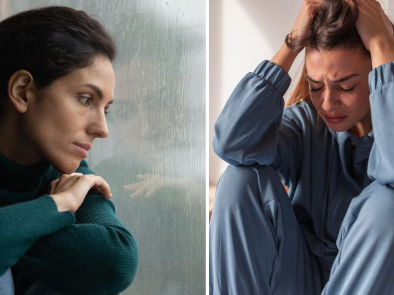 Mujer mirando por la ventana, mujer agarrándose la cabeza para mostrar las diferencias entre depresión y ansiedad 