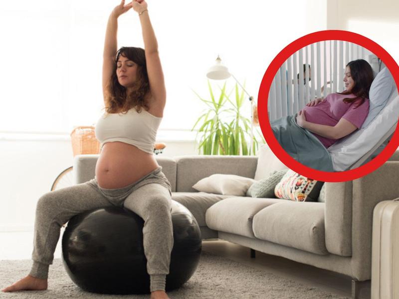 Mujer embarazada sobre pelota de ejercicios, mujer embarazada en labor de parto para explicar cómo hacer yoga para recibir a tu bebé