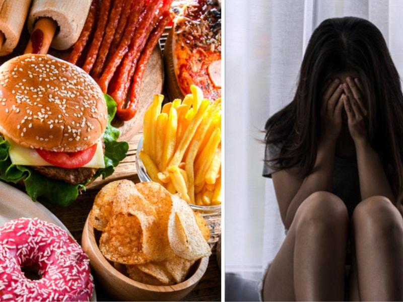 Alimentos chatarra pueden causarte depresión, mujer arrodillada y triste