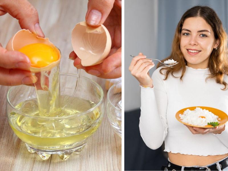 Persona separando clara de huevo, mujer comiendo clara de huevo porque favorece la digestión 