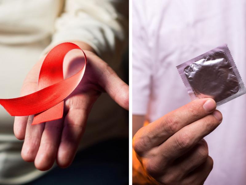 Mujer sosteniendo listón rojo con la mano, hombre sosteniendo condón para ilustrar que Reportan aumento de casos de VIH por disminución de uso de condón 