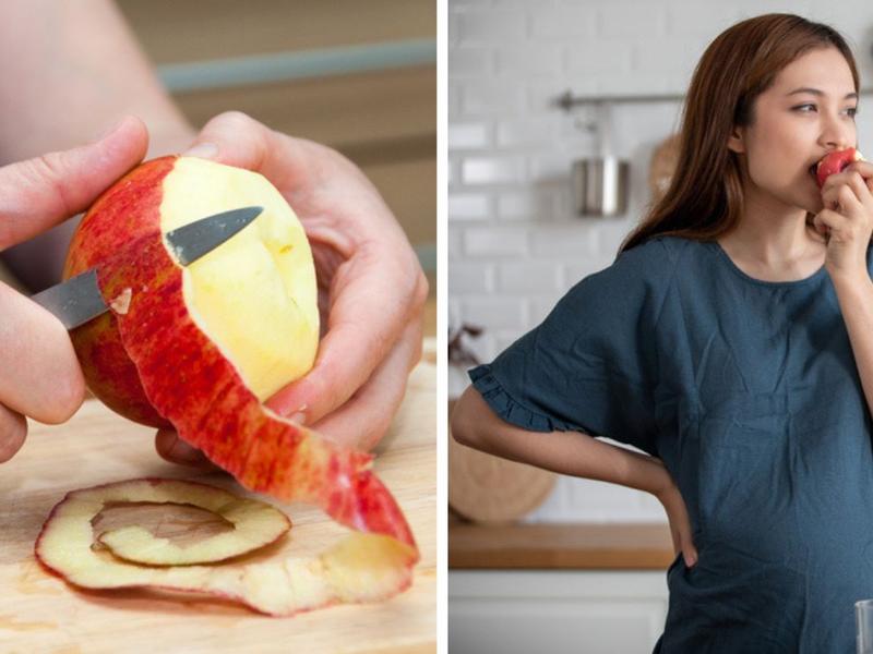 Mujer pelando una manzana, mujer mordiendo una manzana con cáscara porque sabe que comer fruta con cáscara es mejor que sin cáscara para aprovecharlas al máximo
