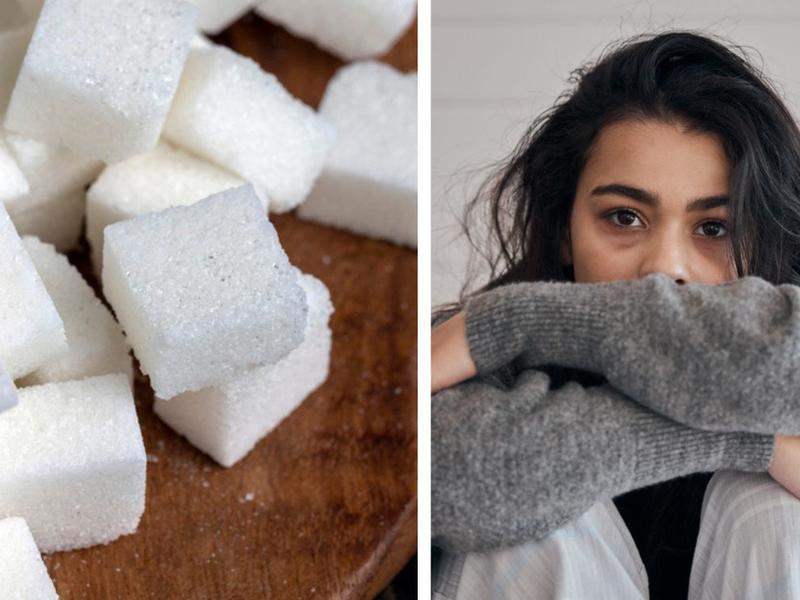 Cubitos de azúcar, mujer triste y ojerosa no sabe las 4 enfermedades mentales causadas por el azúcar