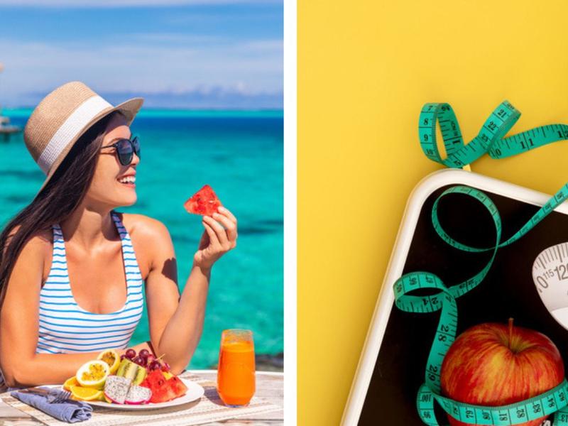 Mujer sonriendo comiendo en la playa, báscula con manzana y cinta métrica para explicar cómo no engordar en semana santa