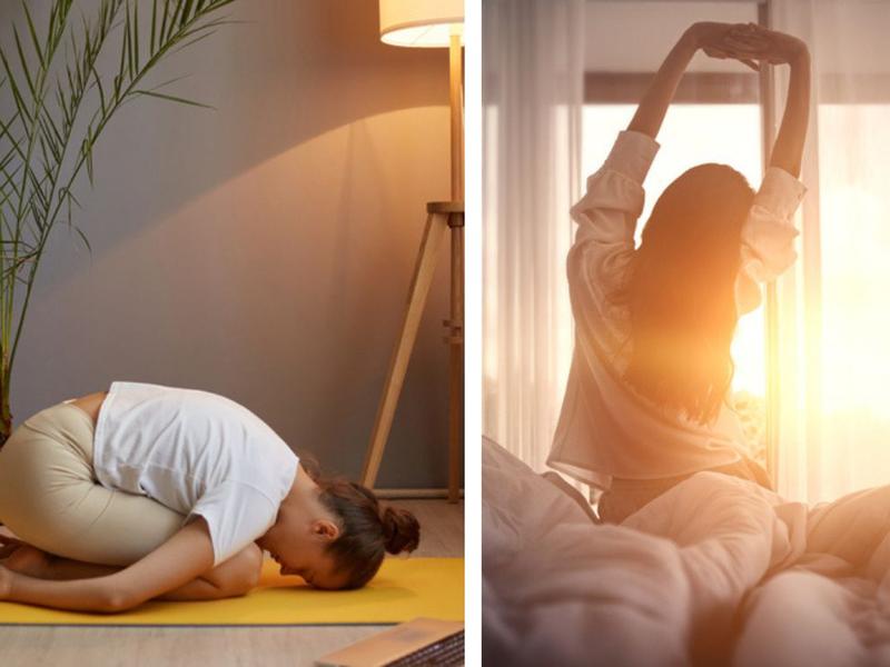 Mujer haciendo una de las 5 posturas de yoga para dormir bien, mujer levantándose con energía