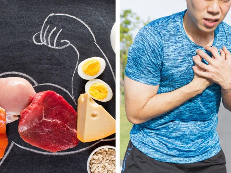 Dibujo de músculos con salmón, pollo y carne, hombre deportista con infarto no sabía que Comer mucha proteína en la dieta diaria aumenta riesgo cardiovascular