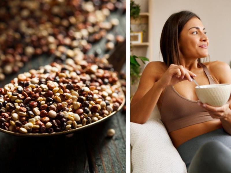 Cuchara con quinoa, mujer comiendo quinoa porque conoce sus beneficios