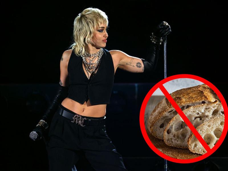 Miley Cyrus junto a pan tachado porque así cambia tu cuerpo cuando dejas de consumir harinas por 10 días