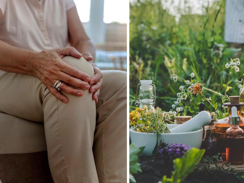 Mujer mayor agarrando su rodilla, plantas medicinales para quitar el dolor de huesos, articulaciones y rodillas 