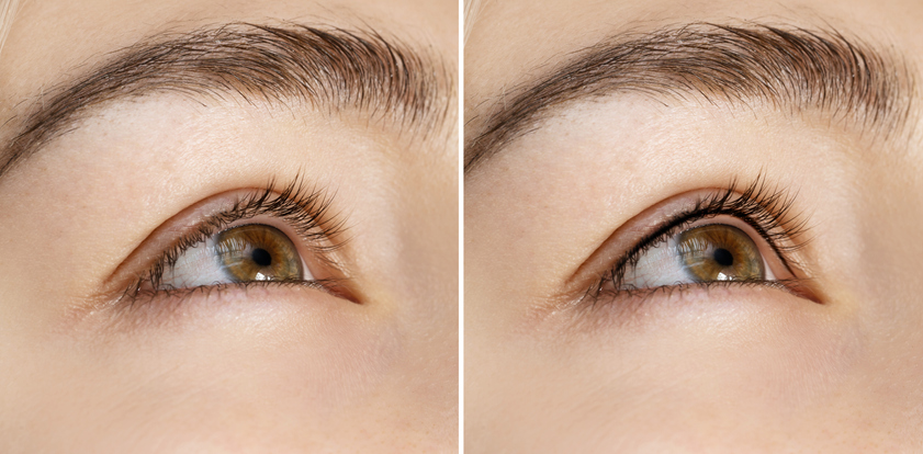 Mujer antes y después de delineado de ojos permanente