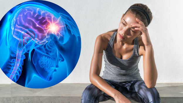Ilustración dolor de cabeza / mujer cansada por ejercicio