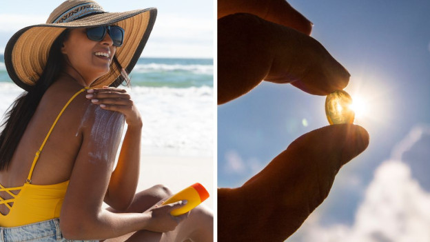Mujer en la playa aplicándose bloqueador solar y pastilla de bloqueador solar oral.