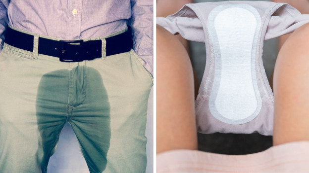 Problema de incontinencia urinaria en hombre. / Toalla sanitaria sobre ropa interior.