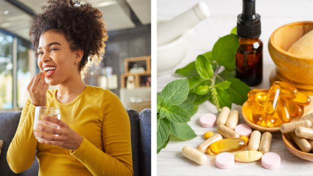 Mujer tomando vitaminas- Vitaminas en cápsula, gotas y mortero 