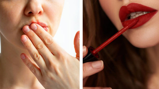 Mujer cubriendo sus labios con la mano-Mujer aplicándose labial rojo