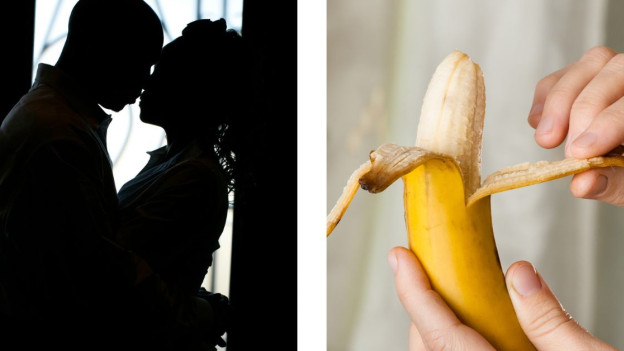 Siluetas de pareja a punto de besarse-Banana siendo pelada por mano