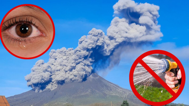Ojo lloroso junto a volcán en erupción y foto de manguera con agua tachada para explicar 6 tips para protegerse de ceniza volcánica