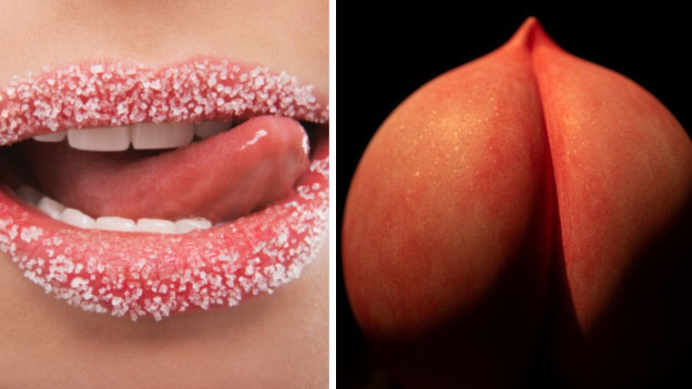Labios azucarados con la lengua de fuera, durazno para explicar qué es el beso negro
