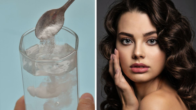 Mujer disuelve colágeno hidrolizado en vaso de agua
