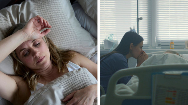 Mujer con fiebre, mujer en hospital con paciente para ilustrar las diferencias entre enfermedad e infección