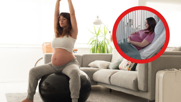 Mujer embarazada sobre pelota de ejercicios, mujer embarazada en labor de parto para explicar cómo hacer yoga para recibir a tu bebé