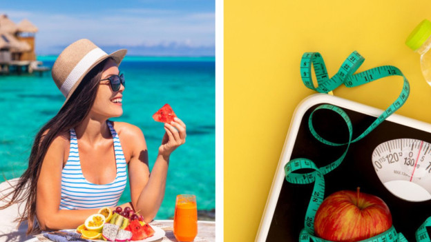 Mujer sonriendo comiendo en la playa, báscula con manzana y cinta métrica para explicar cómo no engordar en semana santa